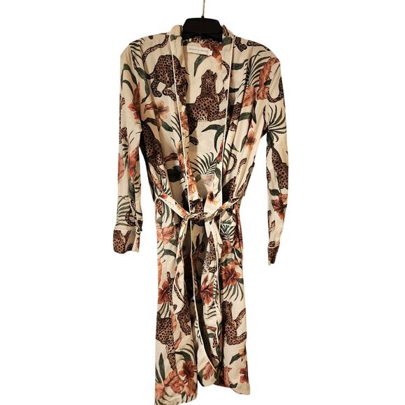 Desmond & Dempsey Robe Organic Cotton S Tropical Leopard Print Pockets Tie Belt - Picture 2 of 9